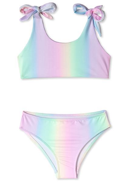 Colorful rainbow bikini for kids by Ivory Trillium, featuring bright, playful swimwear with adjustable straps and vibrant rainbow patterns.