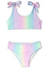 Colorful rainbow bikini for kids by Ivory Trillium, featuring bright, playful swimwear with adjustable straps and vibrant rainbow patterns.