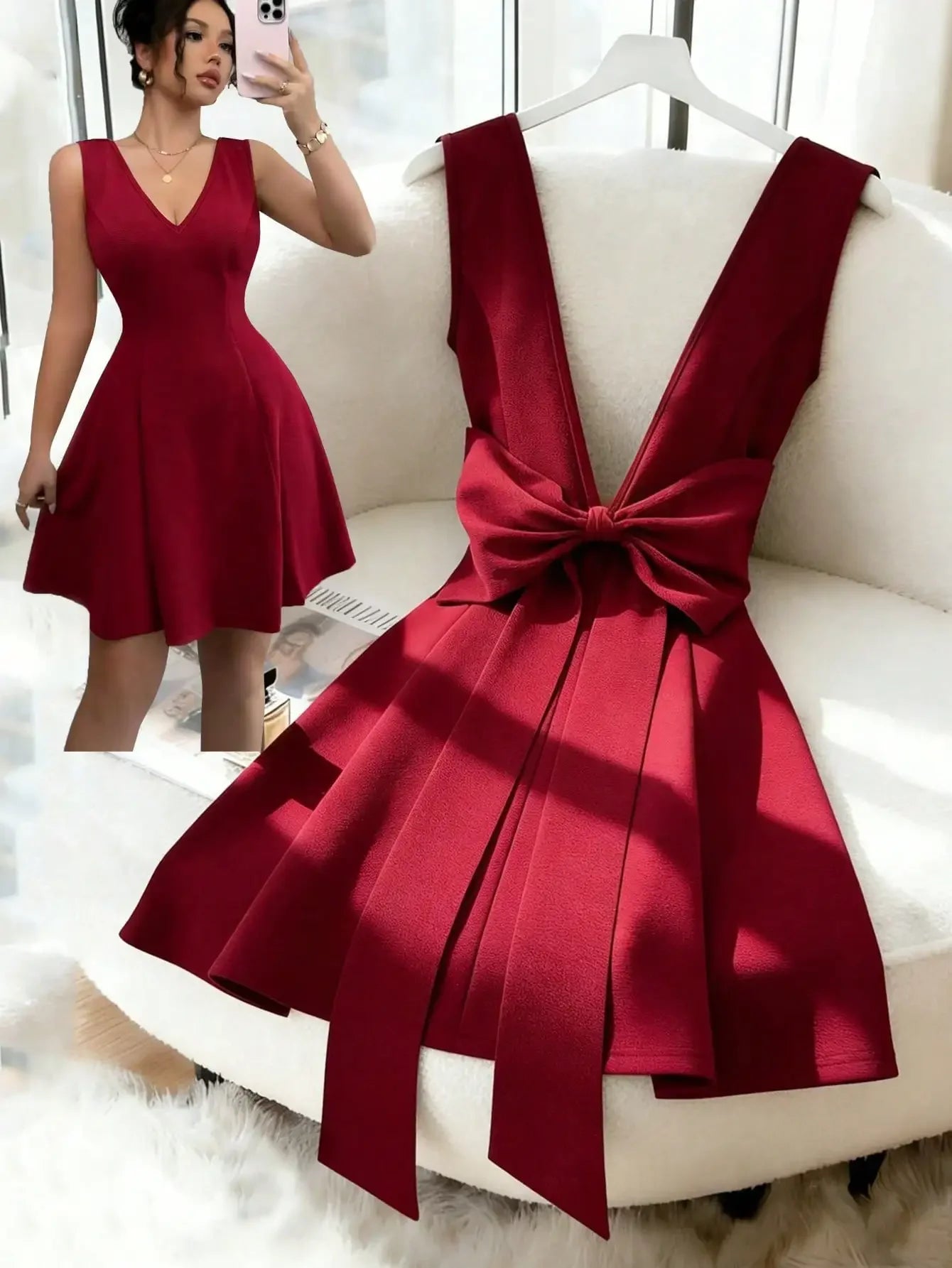 Elegant burgundy V-neck backless fitted dress with bowknot waist, luxury European style, by Start2Finish.