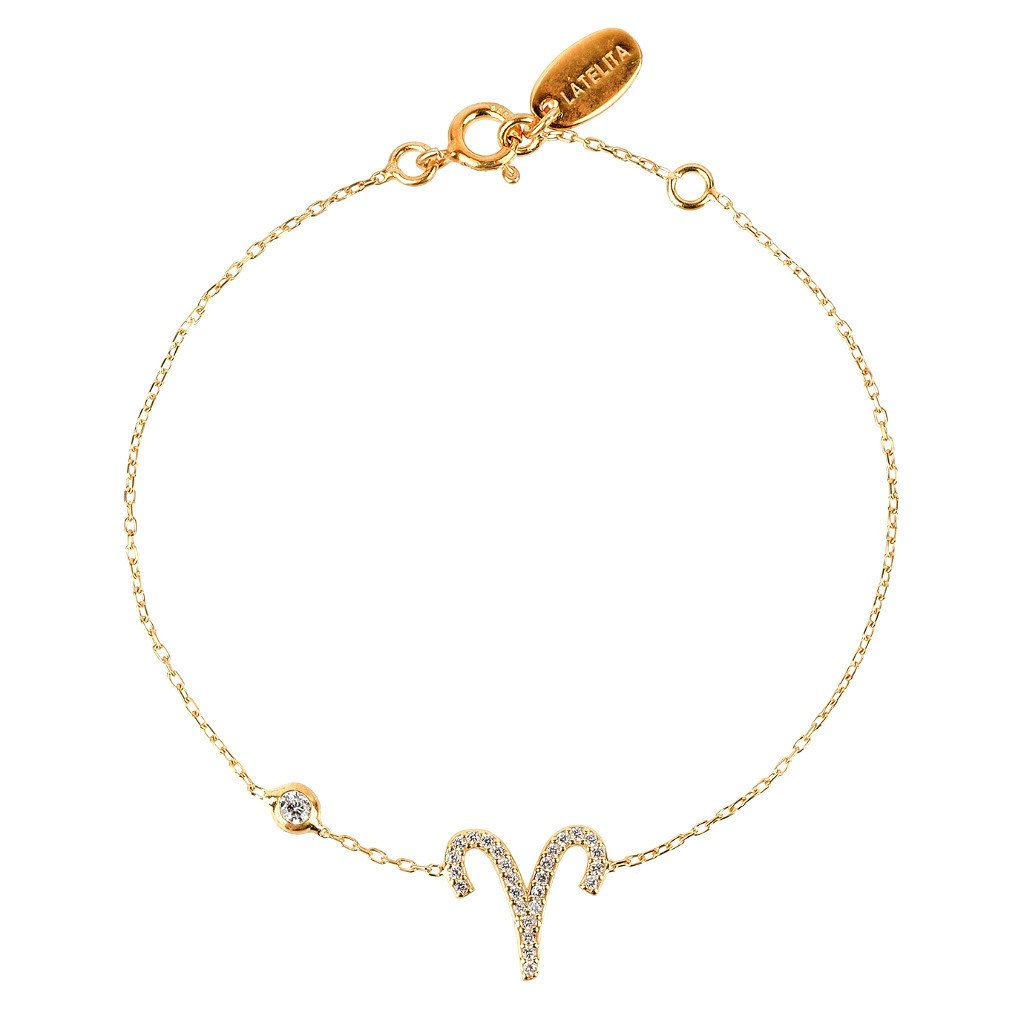 Gold Misty Aries zodiac star sign bracelet with celestial charm, featuring metallic links and zodiac symbol details.