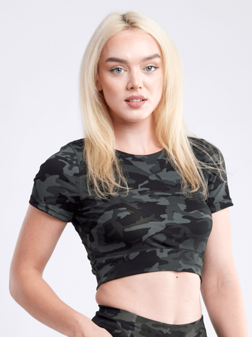 Black Lavender JupiterGear short-sleeve crop top, activewear with a fitted design and breathable fabric, shown on a white background.