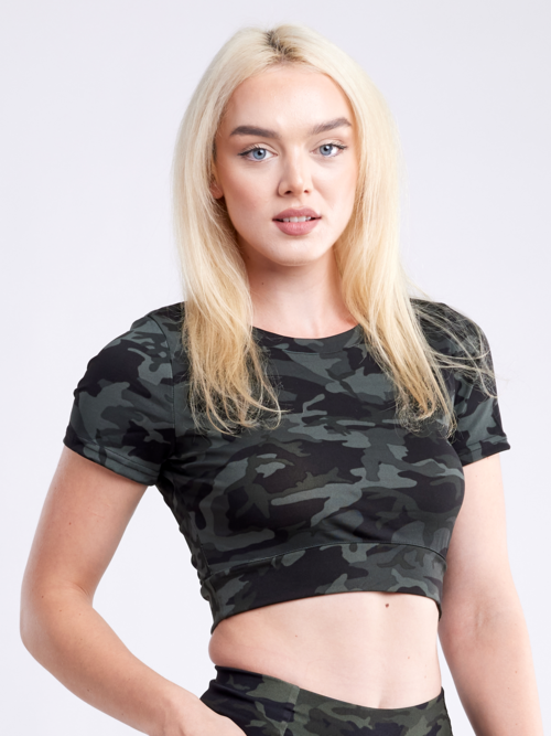 Sky Iapetus JupiterGear short-sleeve crop top in activewear style, shown in a close-up of the lightweight fabric and cropped fit.