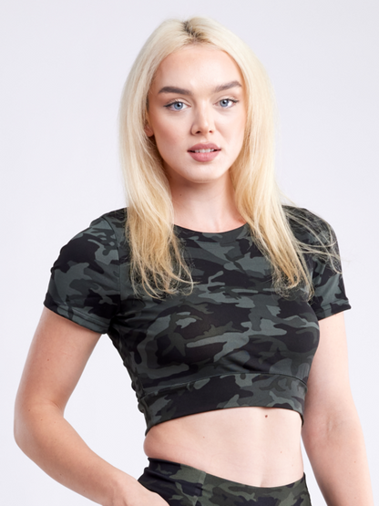 Sky Iapetus JupiterGear short-sleeve crop top in activewear style, shown in a close-up of the lightweight fabric and cropped fit.