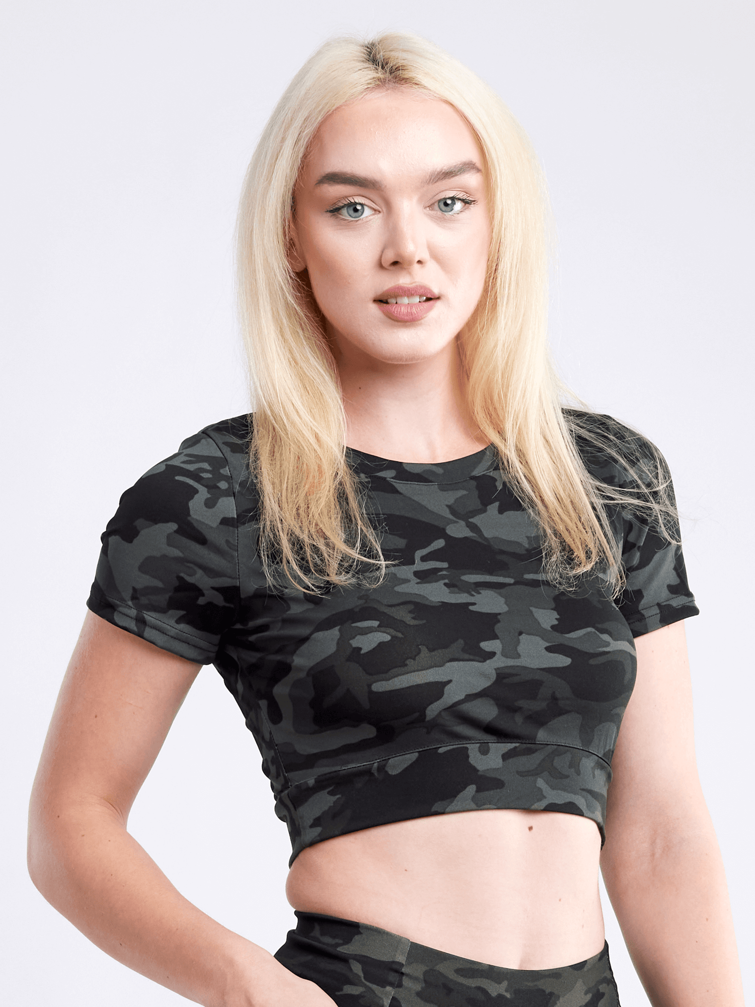 Black Lavender JupiterGear short-sleeve crop top for activewear, featuring a fitted design and breathable fabric.