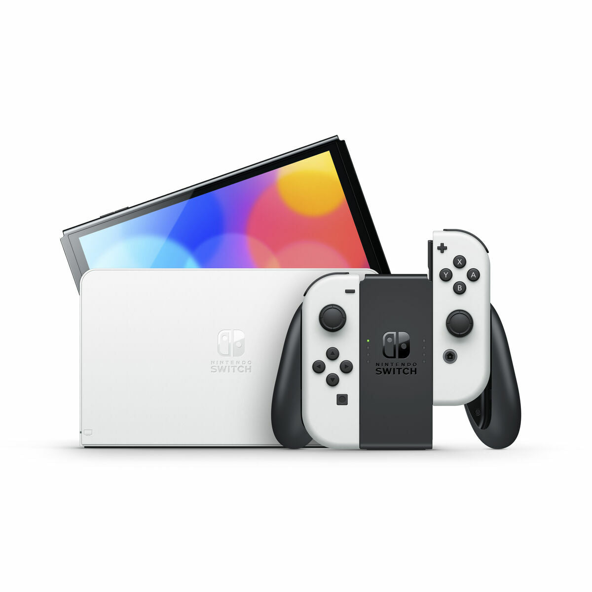 White Nintendo Switch gaming console by Bigbuy, front view showing screen and controllers.