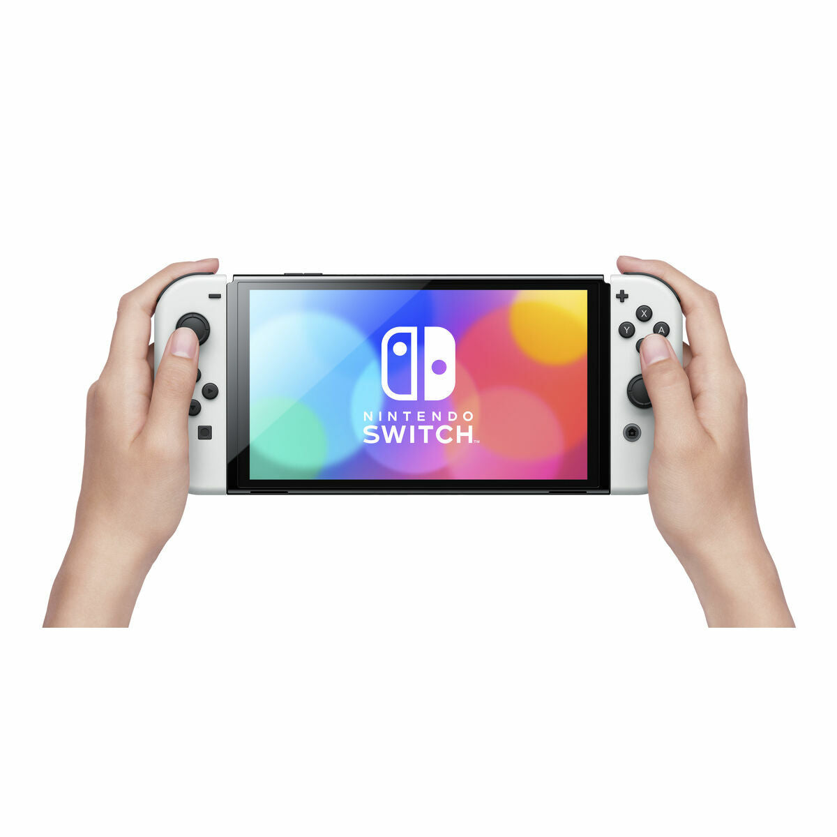 White Nintendo Switch console by Bigbuy with Joy-Con controllers, shown in a sleek design for gaming on the go.