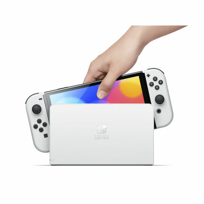 White Nintendo Switch gaming console by Bigbuy with model number 45496453435, showing the front view with screen and controllers.