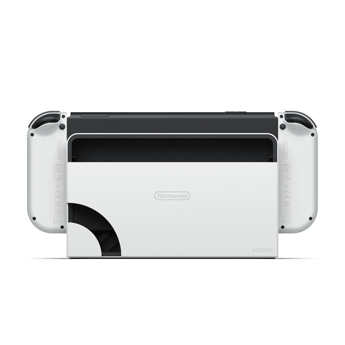 White Nintendo Switch console by Bigbuy with Joy-Con controllers, displayed on a clean surface.