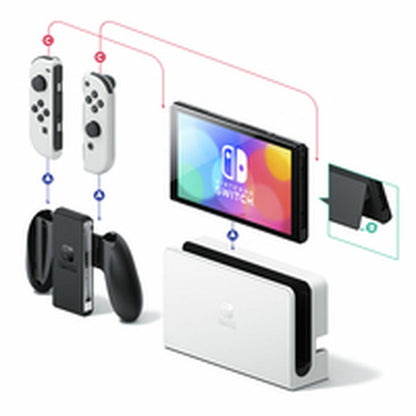 Nintendo Switch console in white, branded Bigbuy, with sleek design and colorful controllers, shown from a front angle.
