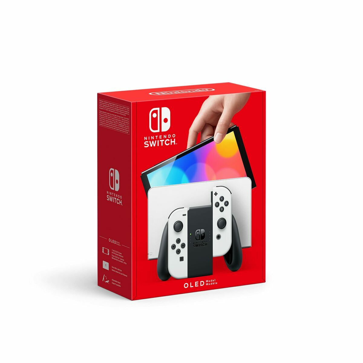 White Nintendo Switch console by Bigbuy with model number 45496453435, shown from the side with controllers attached.