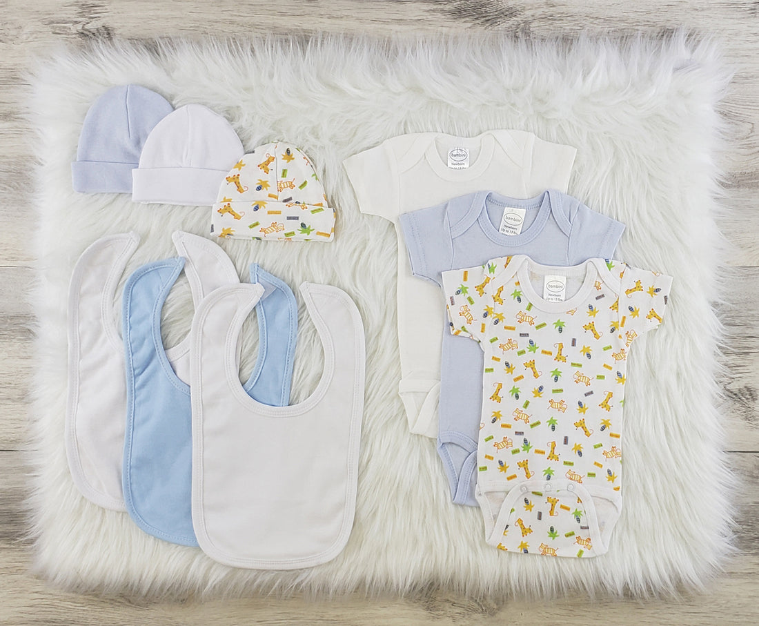 Emerald Clover Bambini 9-piece layette baby clothes set with soft, colorful onesies, hats, and matching accessories for infants.