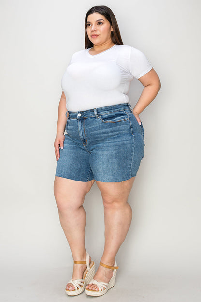 Judy Blue high waist slim denim shorts for women, Jade Icarus, shown in a full-size view with a classic blue denim finish.
