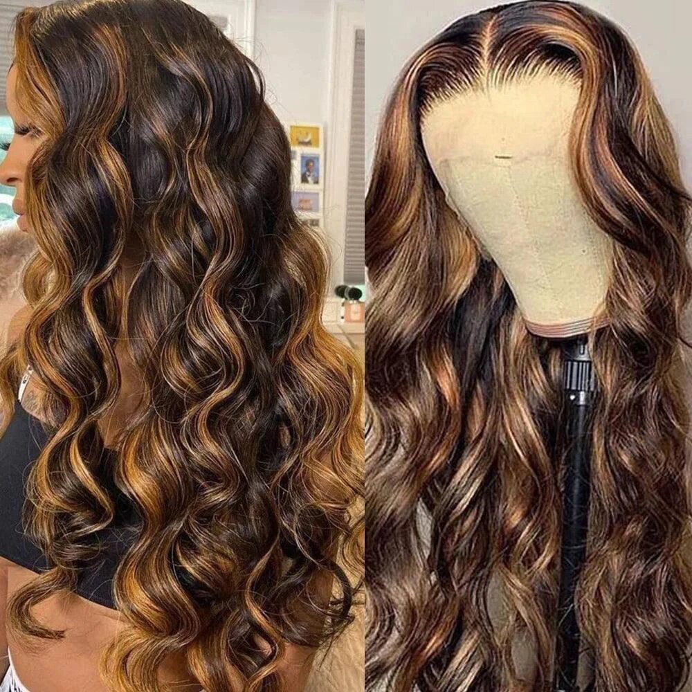 14x4 lace frontal human hair wig by Pear Daisy with P4 27 body wave style and high density, showcasing the natural hairline and waves.