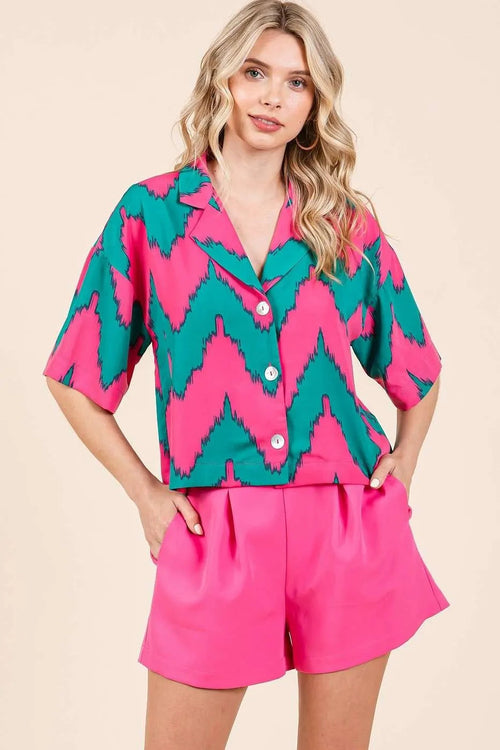 Carmine Juneberry Mittoshop chevron print short sleeve crop shirt, stylish gift with bold pattern and modern design.