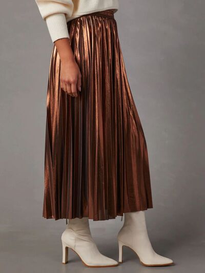 Taupe Oliver luxury pleated midi skirt for women, stylish autumn designer skirt with flowing pleats and elegant design.