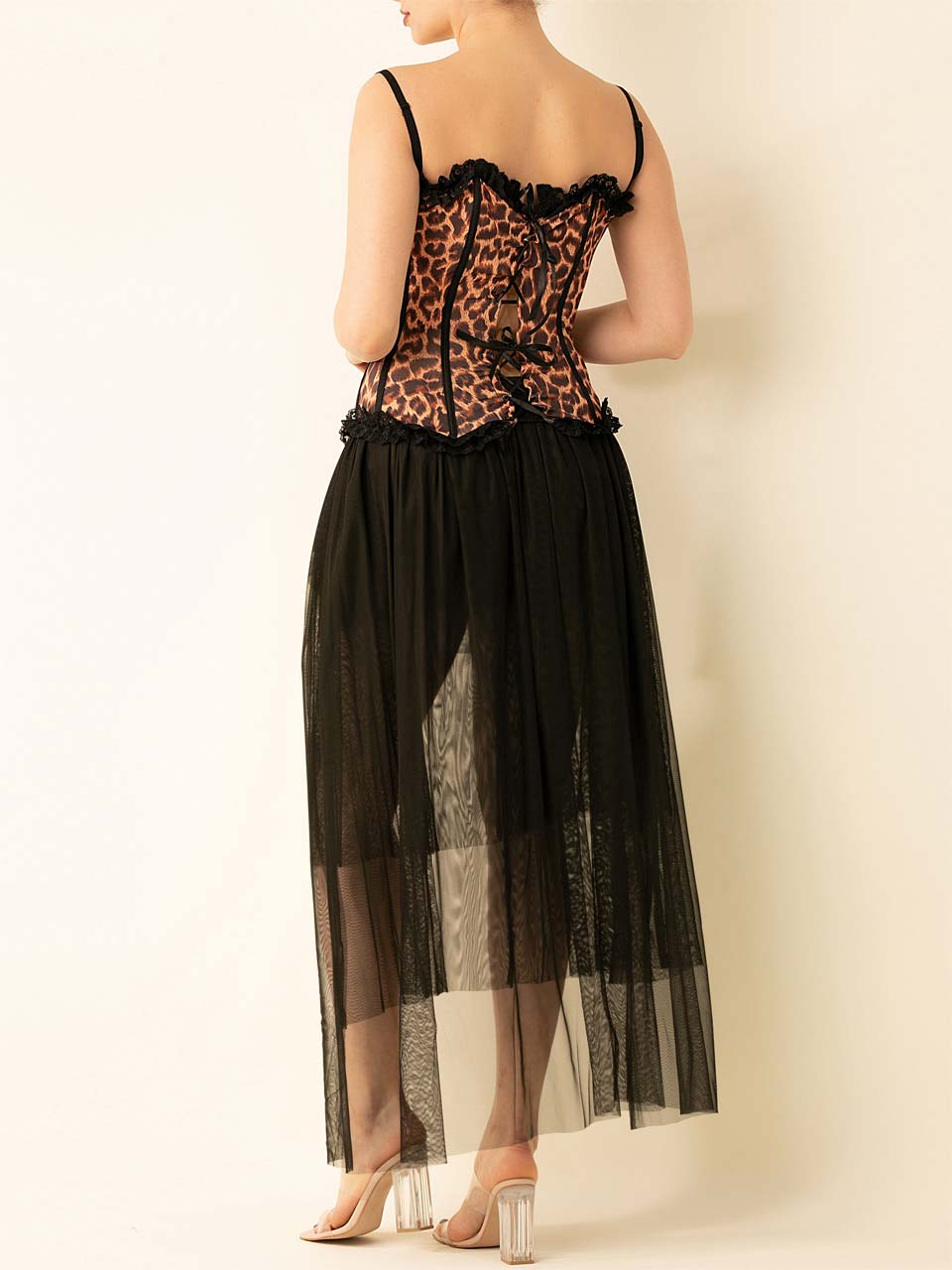 Leopard printed bustier mini dress for women by Harlequin Icarus, featuring a fitted silhouette and bold animal print.