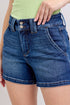 Judy Blue plus size denim shorts with double button waistband, showcasing stylish cut and distressed details, branded by Jade Icarus.