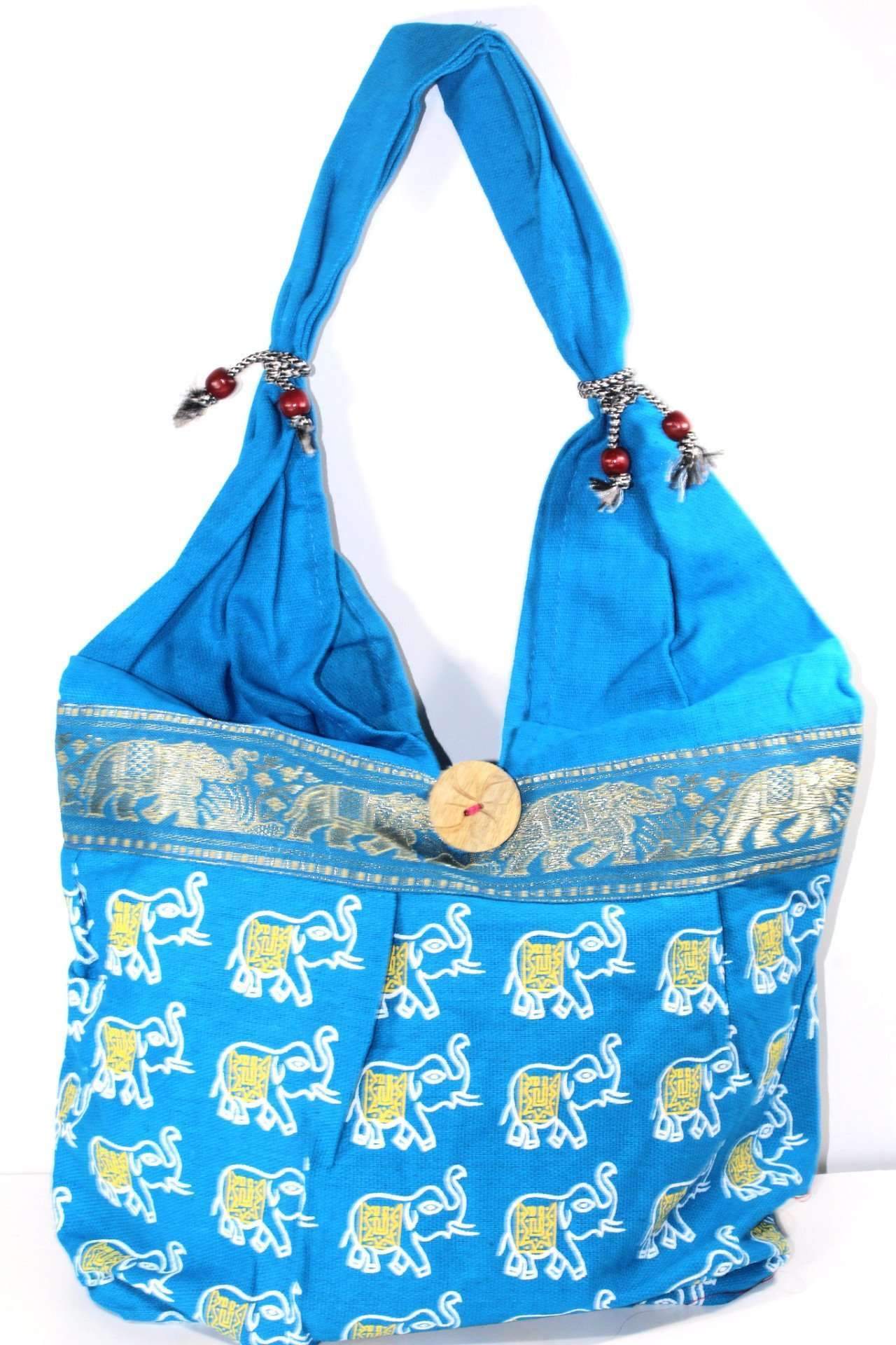 Silver Hestia elephant jhola bag, a stylish tote with elephant print, perfect for beach or everyday use, made of durable fabric.