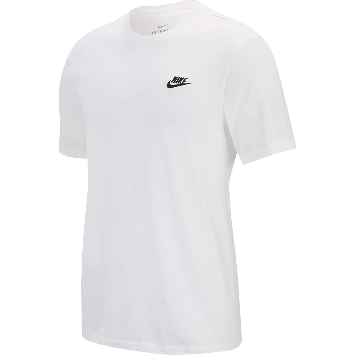 Men’s white Nike short sleeve T-shirt, casual sportswear for men, displayed on a plain background.