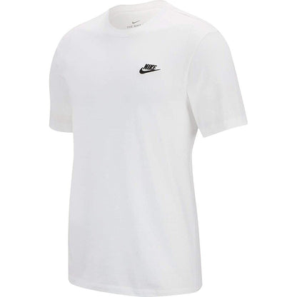 Men’s white Nike short sleeve T-shirt, casual sportswear for men, displayed on a plain background.