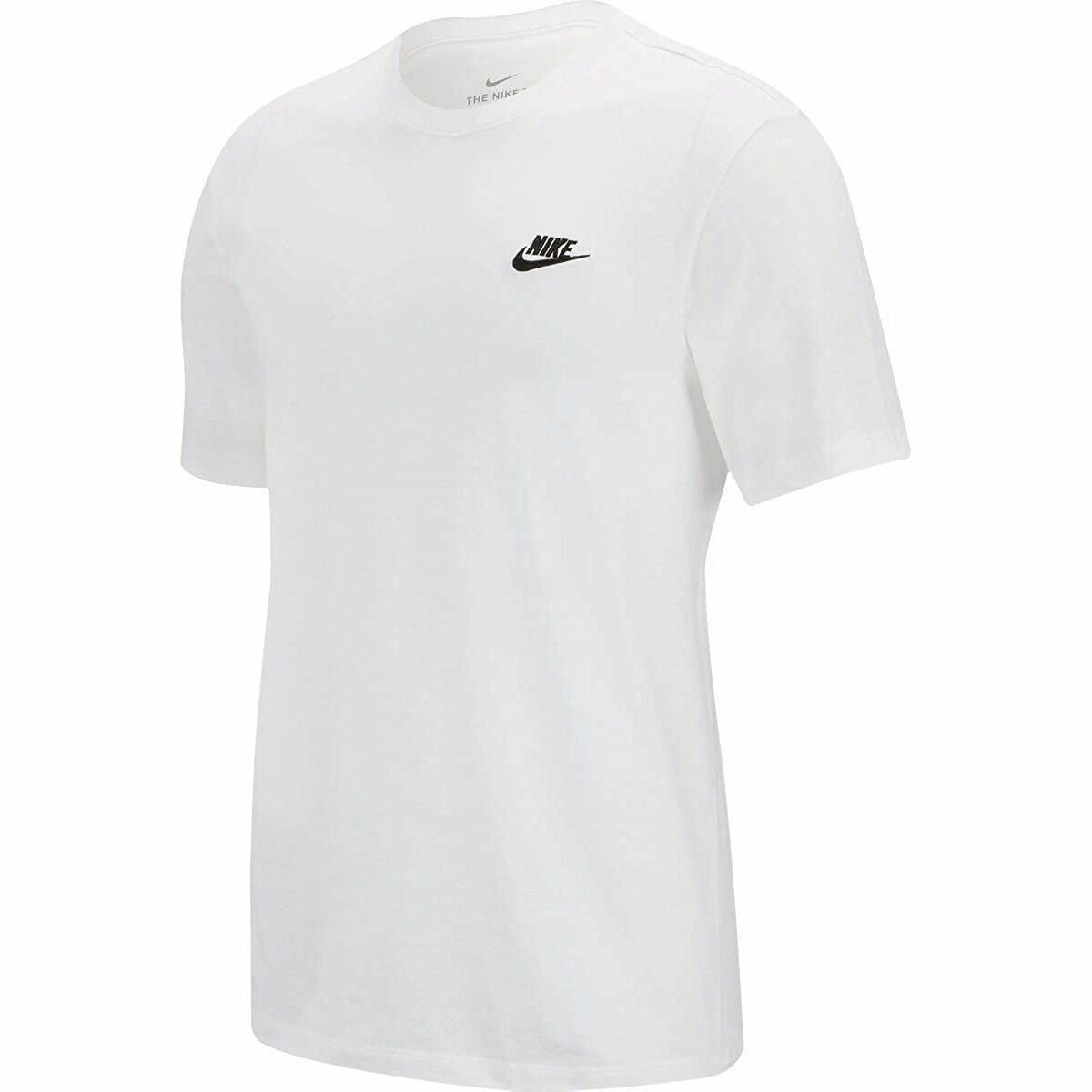 Men’s white Nike short sleeve T-shirt, casual sportswear with Nike logo, displayed flat on a white background.