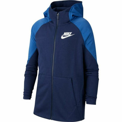 Dark blue Nike Sportswear sports jacket with zip closure and athletic fit, displayed on a hanger.
