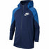 Dark blue Nike Sportswear sports jacket with zip closure and athletic fit, displayed on a hanger.