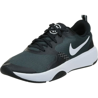 Black Nike City Rep TR DA1351 women’s sports trainers with breathable mesh and cushioned soles on a plain background.