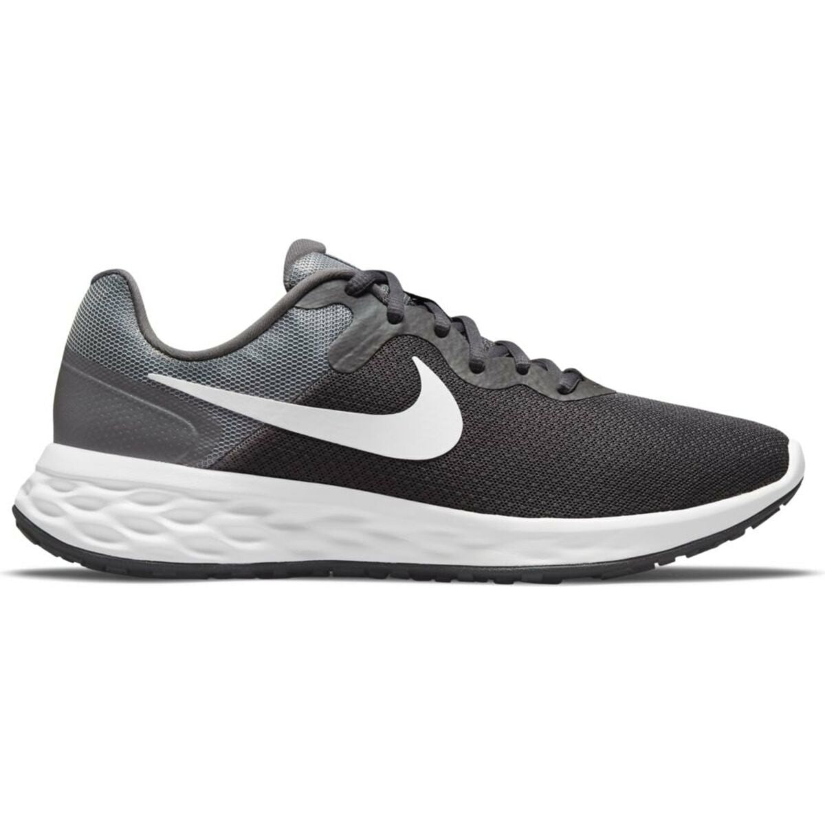 Nike Revolution 6 grey running shoes for adults, featuring lightweight design and breathable mesh for sports and outdoor activities.