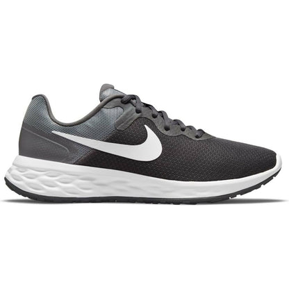 Nike Revolution 6 grey running shoes for adults, featuring lightweight design and breathable mesh for sports and outdoor activities.