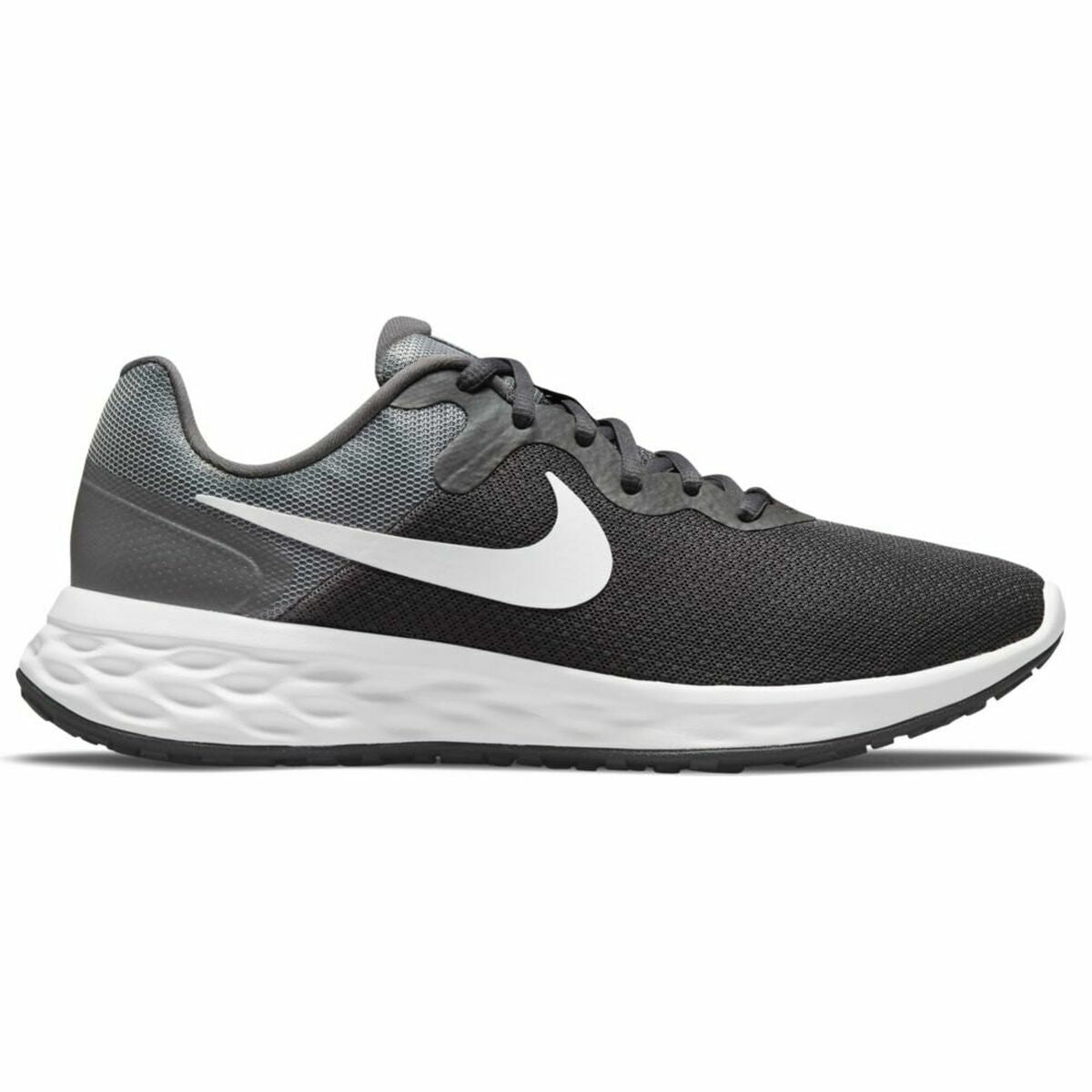 Nike Revolution 6 grey running shoes for adults, sports footwear with breathable mesh and supportive cushioning.