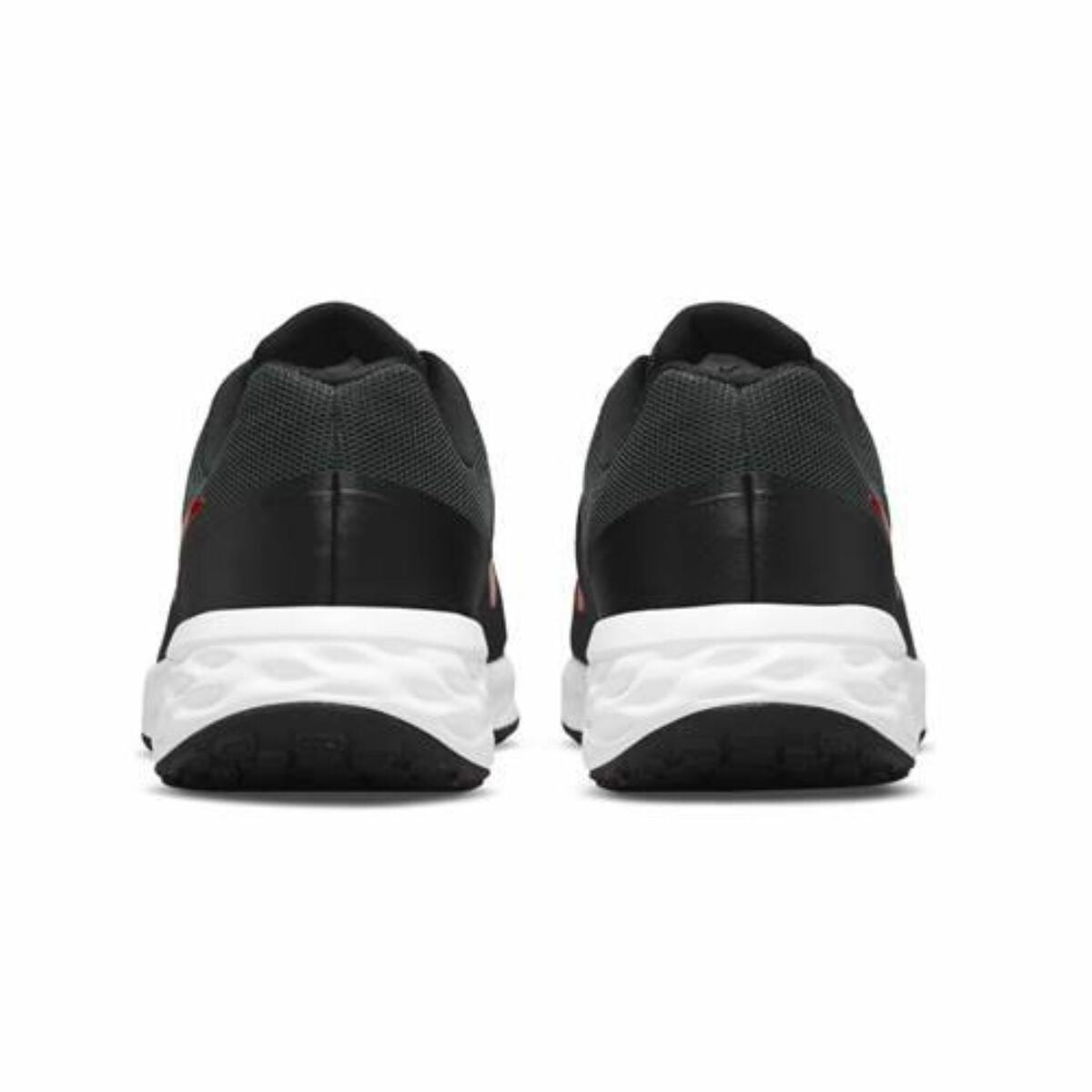 Nike Revolution 6 black running shoes for adults, featuring breathable mesh uppers and cushioned soles for comfortable outdoor activity.