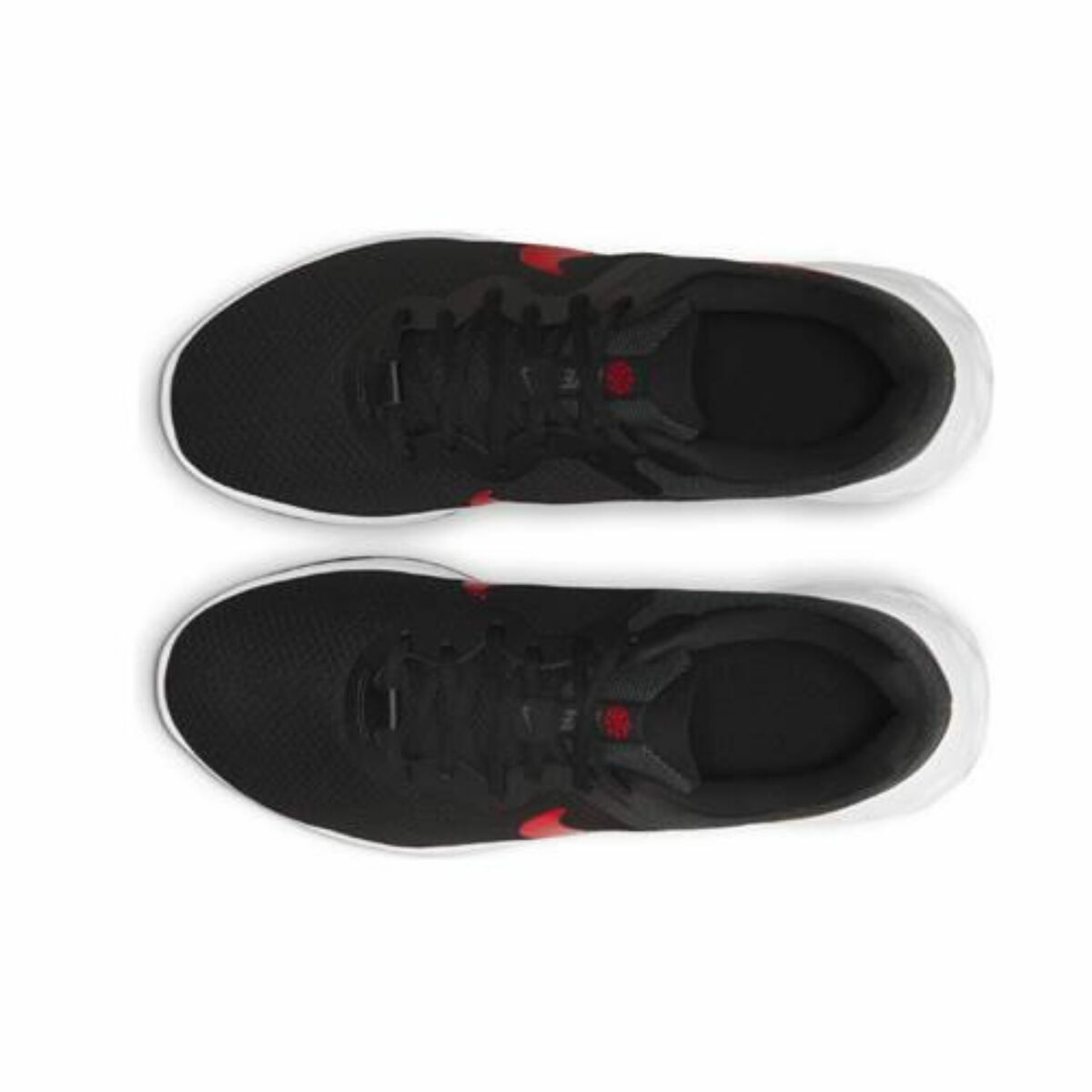 Black Nike Revolution 6 running shoes for adults, featuring a sleek design with breathable mesh and supportive cushioning.