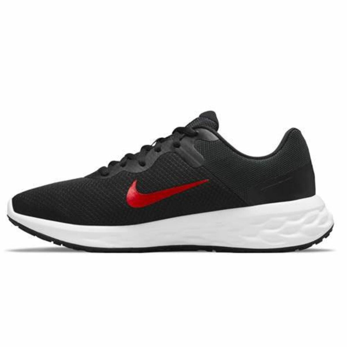 Black Nike Revolution 6 running shoes for adults, sporty design, with breathable mesh and cushioned sole for comfort.