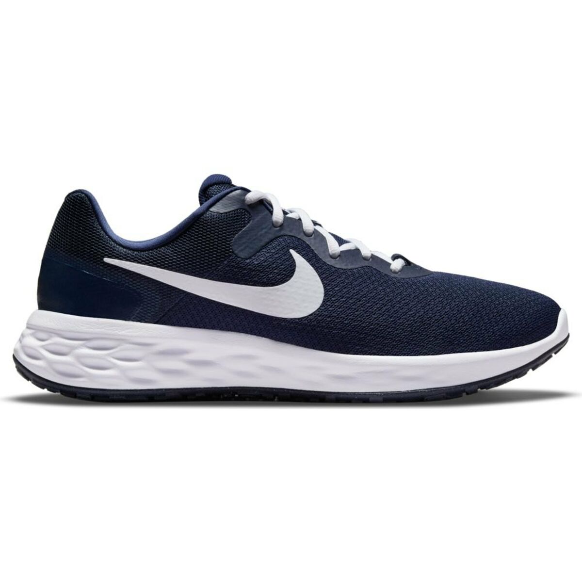 Nike Revolution 6 navy running shoes for adults with breathable mesh uppers and cushioned insoles.