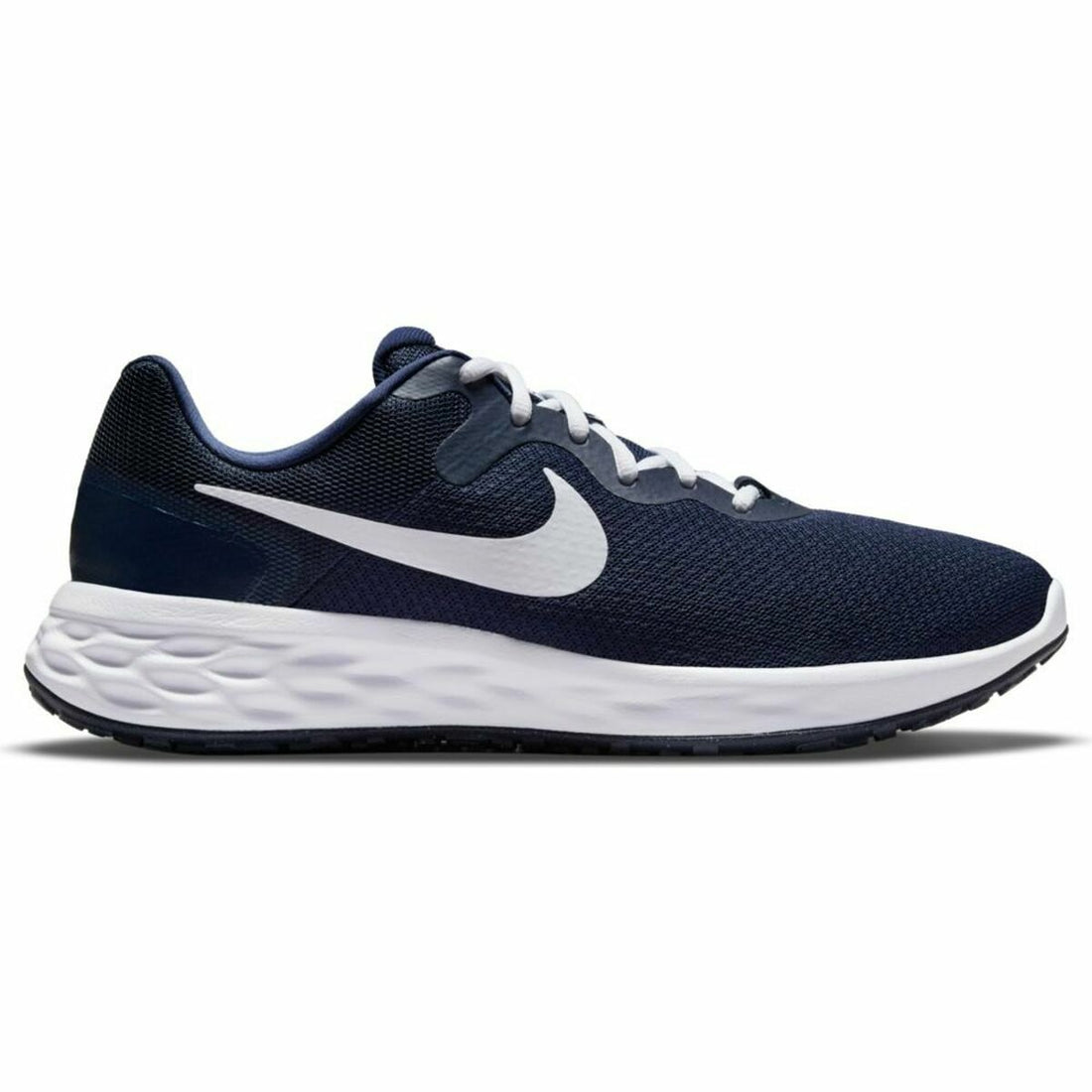 Nike Revolution 6 adult navy running shoes with breathable mesh uppers and cushioned soles, designed for sports and outdoor activities.
