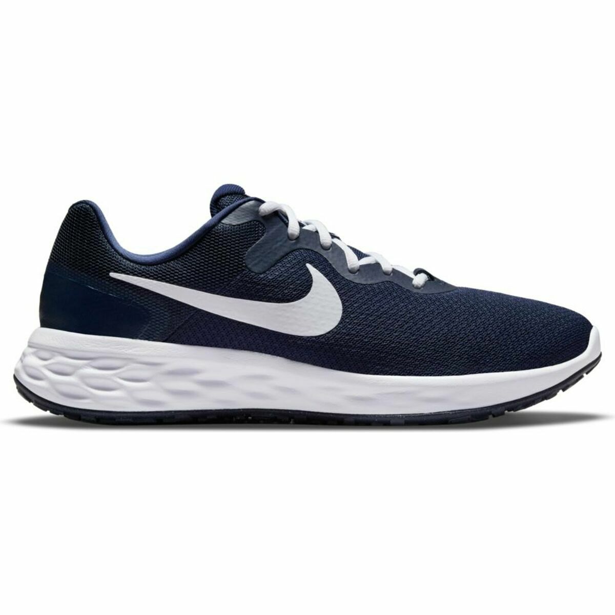Nike Revolution 6 adult navy running shoes with breathable mesh uppers and cushioned soles, designed for sports and outdoor activities.