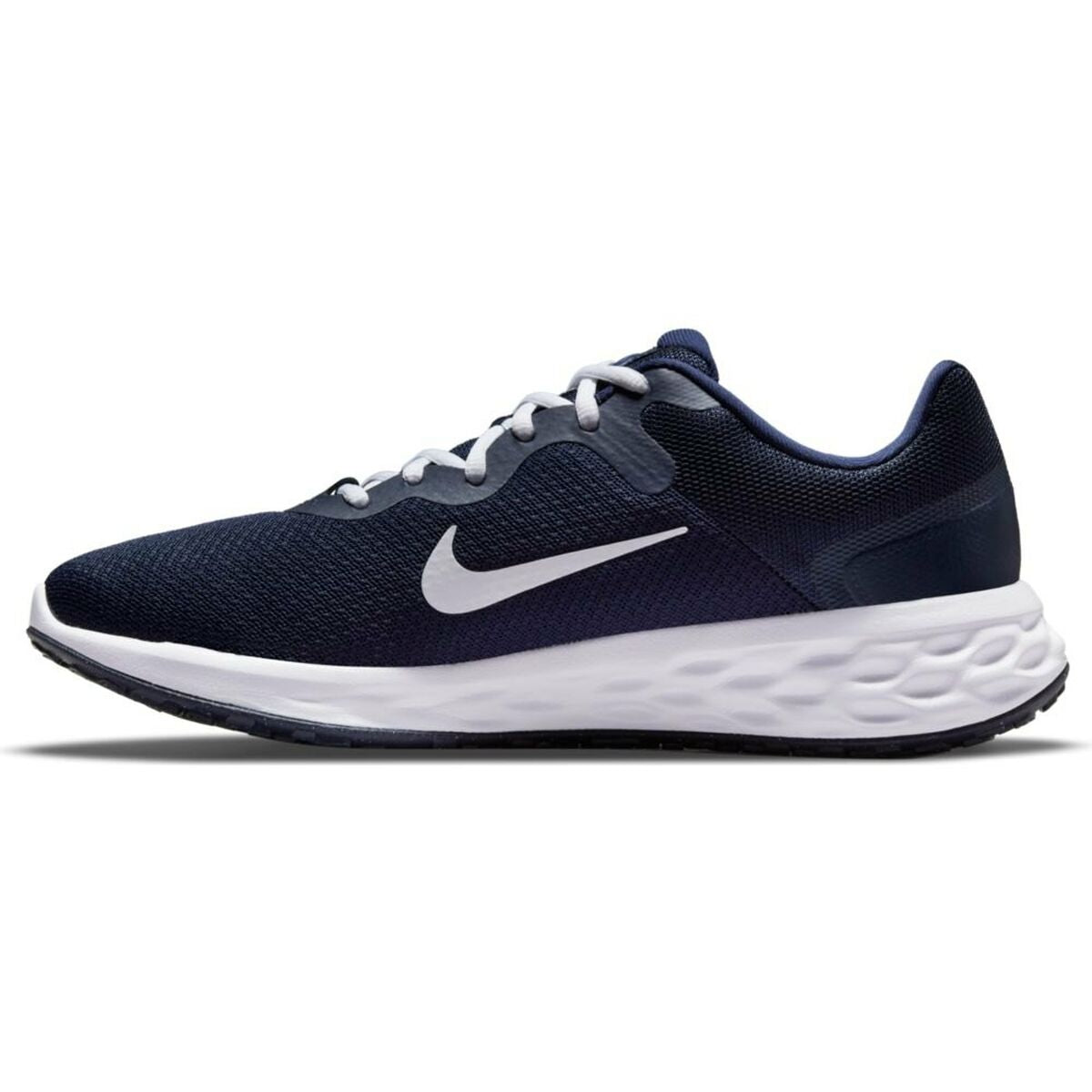 Nike Revolution 6 adult navy running shoes with breathable mesh uppers and cushioned soles for comfort during sports and outdoor activities.