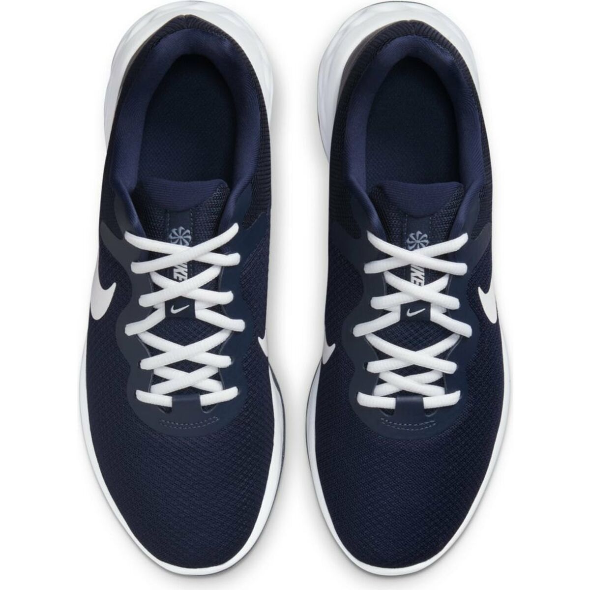 Nike Revolution 6 adult navy running shoes with breathable mesh upper and cushioned sole, designed for comfort and performance.