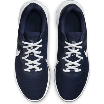Nike Revolution 6 adult navy running shoes with breathable mesh upper and cushioned sole, designed for comfort and performance.