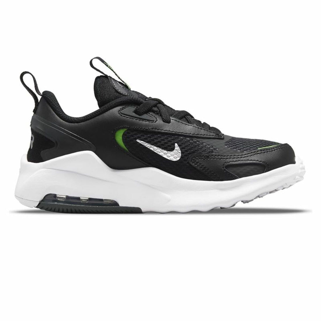 Black Nike Air Max Bolt B sports shoes for kids, featuring breathable mesh and cushioned soles, designed for active children.
