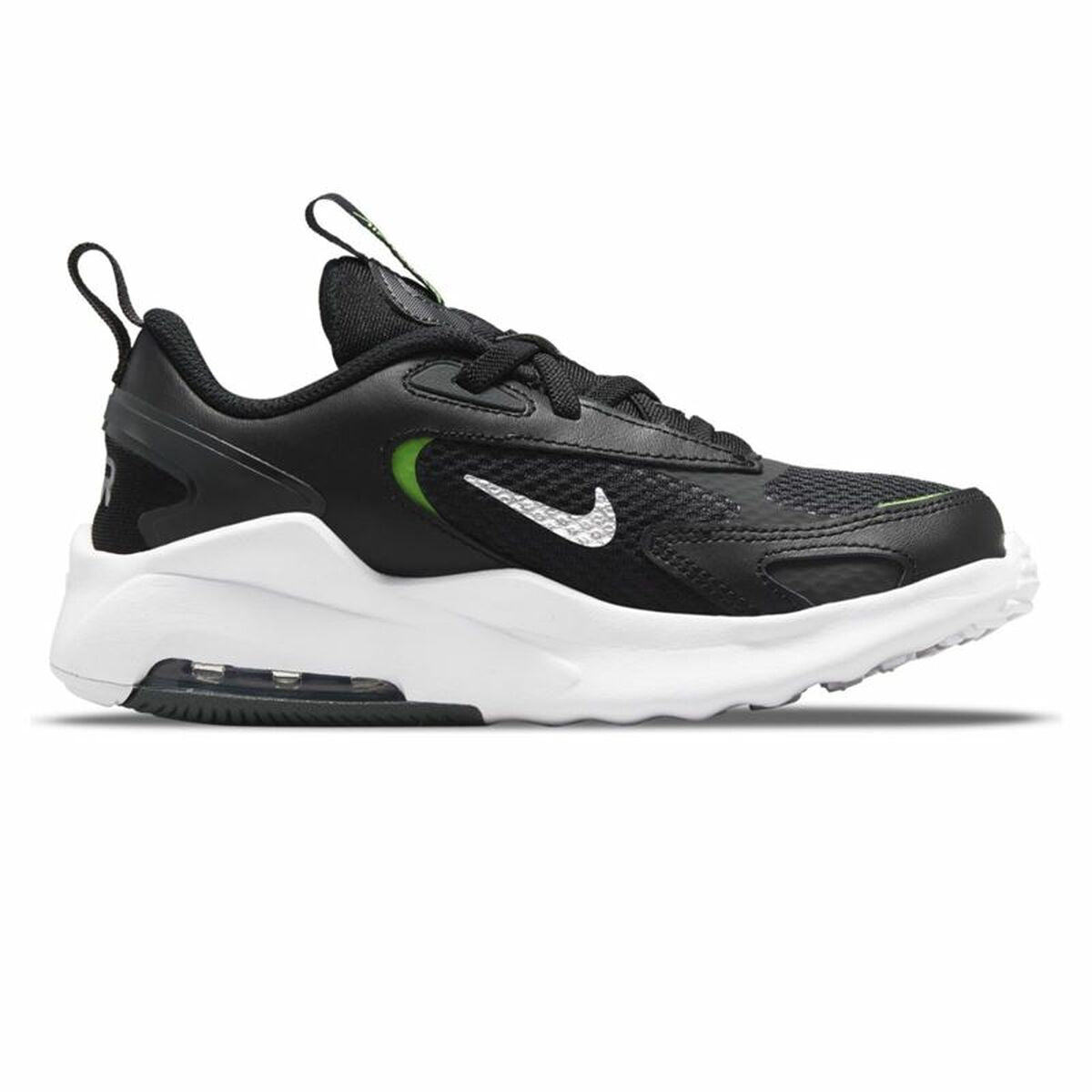 Black Nike Air Max Bolt B sports shoes for kids, featuring breathable mesh and cushioned soles, designed for active children.