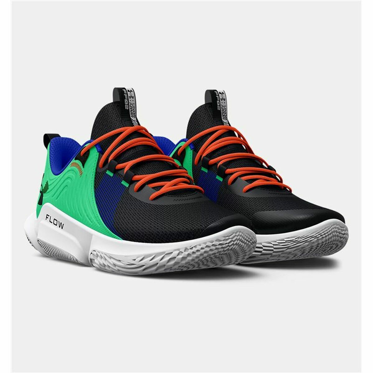 Green Under Armour Flow Futr X basketball shoes for men, athletic sports footwear with sleek design and durable outsole.