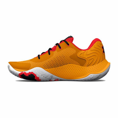 Orange Under Armour Spawn 4 basketball shoes for men, featuring sporty design and durable sole for indoor and outdoor play.