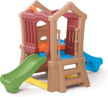 Peach Maple Play Up Double Slide Climber outdoor toddler playset with slides and climbing features for ages 2 to 6.