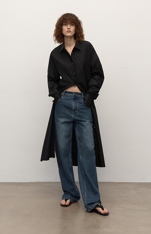 Brown Coeus long-staple cotton straight jeans with micro-stacked design, shown in a basic style, suitable as casual jackets or coats.