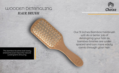 Natural wooden detangling hair brush from Jade Chrysippus, designed for bathroom use with smooth wooden bristles and ergonomic handle.