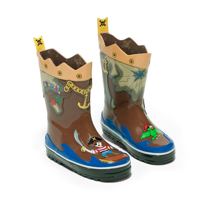 Kids pirate rain boots by Magenta Ash featuring a colorful pirate design and waterproof rubber material for kids and babies.