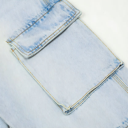Light wash denim cargo jeans for men by Carmine Juneberry, showcasing stylish, casual denim pants with multiple cargo pockets.