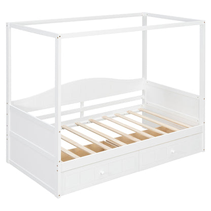 Sangria Beech twin size canopy day bed with two storage drawers, wooden bed frame with canopy for bedroom decor